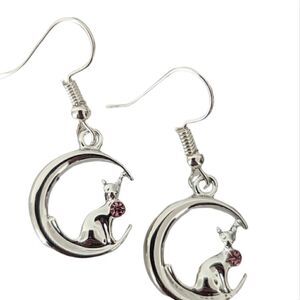 Cat Crescent Moon Pink Rhinestone Earrings